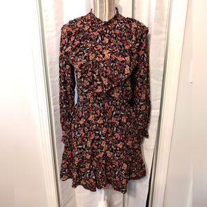 Zara Women's Floral Ruffled Hi-Neck Elastic Waist Mini Dress XS Coquette Office